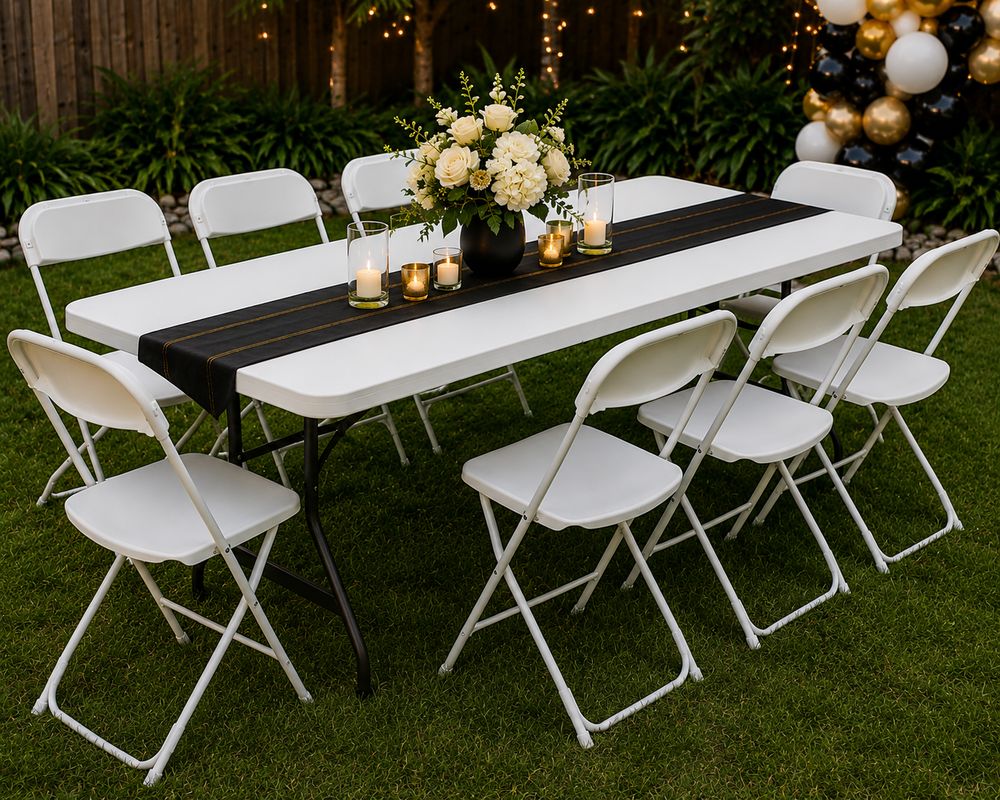 White Folding Chairs with Table Setup — ISC Events & Rentals